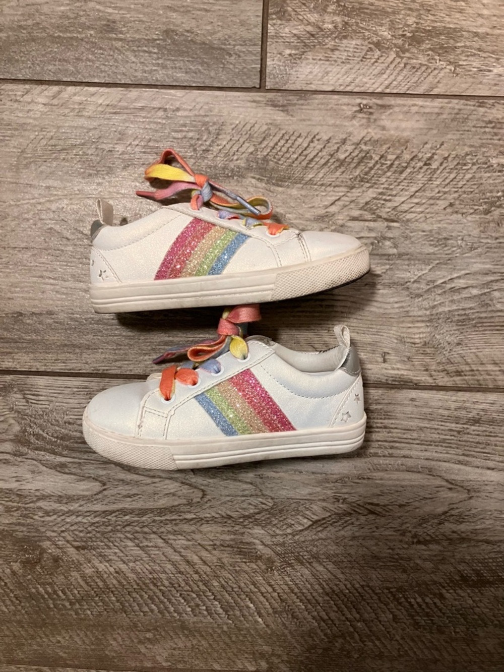 Kids White Sneakers with Glitter Rainbow Stripes and Multicolor Laces